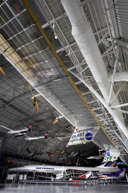 NASA image: The record-setting AeroVironment/NASA Pathfinder-Plus solar-electric flying wing is enshrined in the National Air & Space Museum's Udvar-Hazy Center.