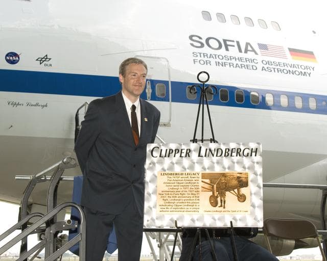 NASA image: Erik Lindbergh unveils a plaque commemorating his grandfather to dedicate the 747 Clipper Lindbergh, a NASA airborne infrared observatory known as SOFIA
