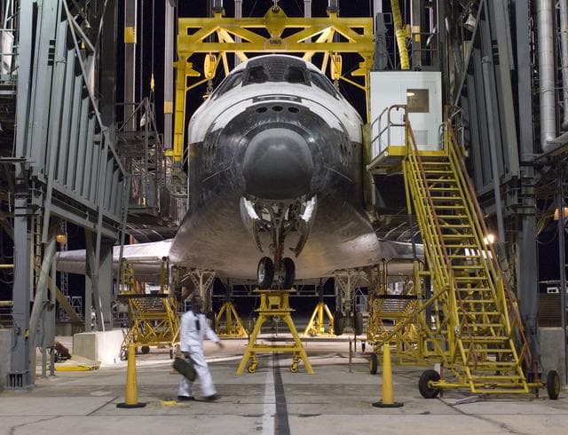 NASA image: The Space Shuttle Atlantis receives post-flight servicing in the Mate-Demate Device (MDD) at NASA's Dryden Flight Research Center, Edwards, Calif.
