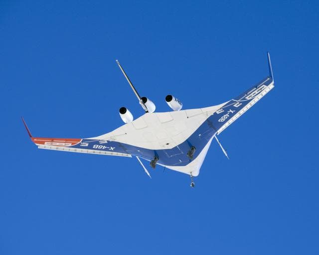 NASA image: A pristine blue sky backdrops the X-48B Blended Wing Body aircraft during the aircraft's first flight July 20, 2007, from NASA's Dryden Flight Research Center