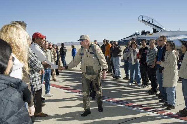 NASA image: Retired NASA research pilot and former astronaut Gordon Fullerton was greeted by scores of NASA Dryden staff who bid him farewell after his final NASA flight.