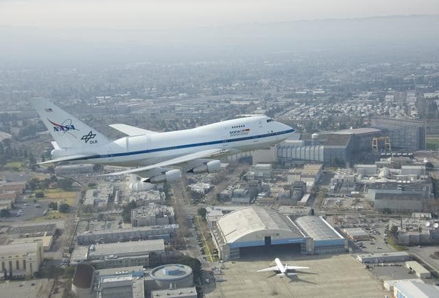NASA image: NASA's SOFIA flying observatory makes a low pass over NASA Ames Research Center prior to landing at Moffett Field for a brief visit on Jan. 14, 2008