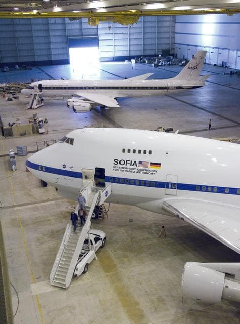NASA image: NASA'S SOFIA infrared observatory 747SP (front) and DC-8 flying laboratory (rear) are now housed at the Dryden Aircraft Operations Facility in Palmdale, Calif.