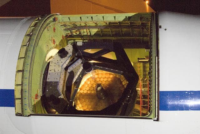 NASA image: This backlit photo of SOFIA's infrared telescope during characterization testing shows the cell-like construction of the telescope's 2.5-meter primary mirror