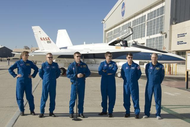 NASA image: With a NASA F/A-18 providing a backdrop, STS-126 commander Chris Ferguson thanked NASA DFRC employees for their support of Endeavour's landing at Edwards AFB