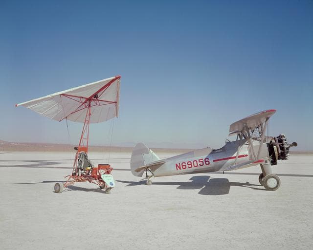 NASA image: Paresev 1A and Stearman tow plane on lakebed.