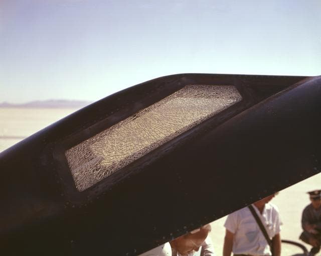 Cracked canopy glass on right side of X-15 #2 after flt. 2-21-37 on Nov. 9 1961. Robert White-pilot. First flight to mach 6