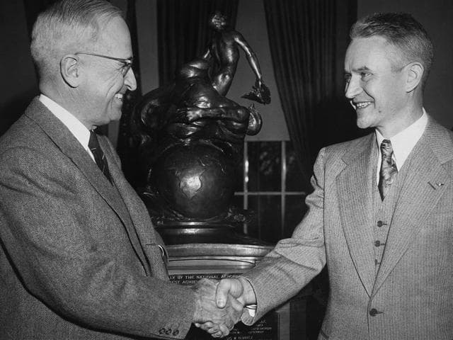 NASA image: Lewis Rodert Receiving a Collier Trophy from President Truman