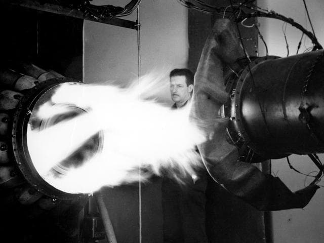 NASA image: Mechanic watches a General Electric I-40 Engine Fire
