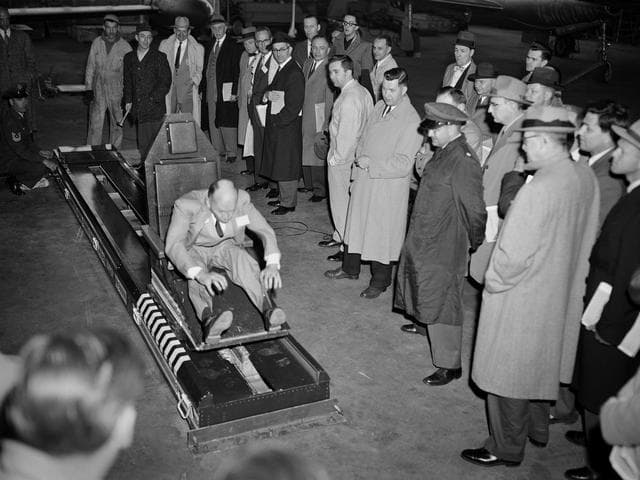 NASA image: Lieutenant Colonel John Stapp Demonstrates the Rocket Sled