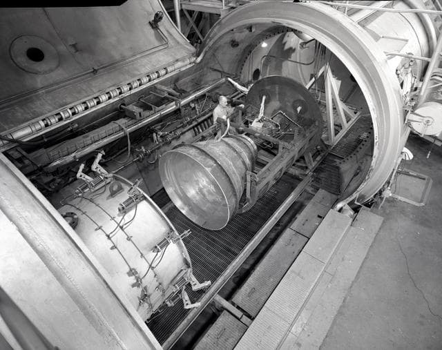 NASA image: APOLLO CONTOUR ENGINE MOUNTED IN THE PROPULSION SYSTEMS LABORATO
