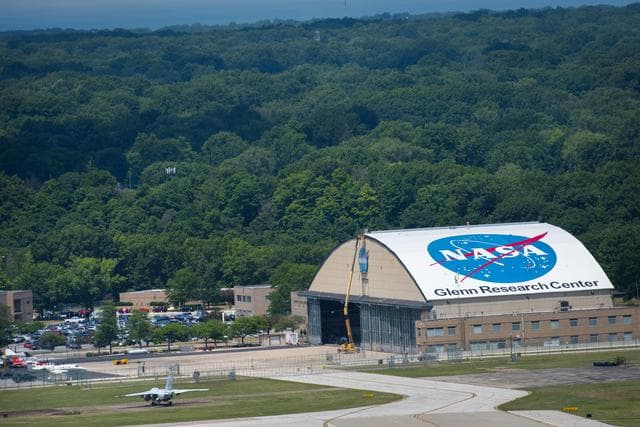 NASA image: The NASA Insignia or Meatball, is painted on the Hangar Roof