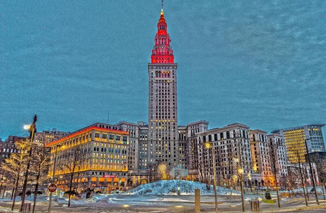 NASA image: Terminal Tower illuminated in red to commemorate the Mars Landing of Perseverance Rover