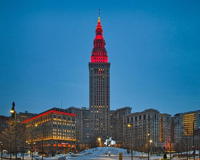 NASA image: Terminal Tower illuminated in red to commemorate the Mars Landing of Perseverance Rover