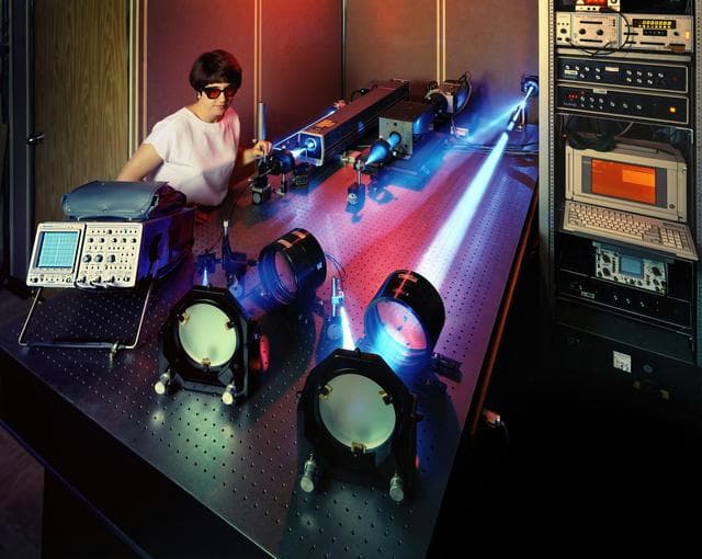 NASA image: ASTOVL (advanced short takeoff vertical landing) aircraft test laser develpment.  Phase III hot gas ingestion study of ground-effect flow-field on such aircraft during hover or vertical landing