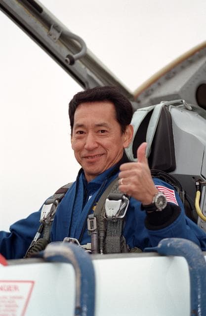 NASA image: STS-99 crewmembers in aircraft prior to leaving Ellington Field for KSC