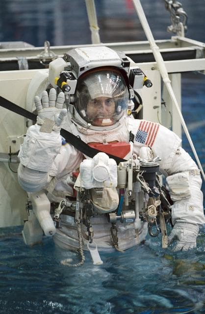 NASA image: ESA Astronaut Philippe Perrin preparing for an NBL dive.