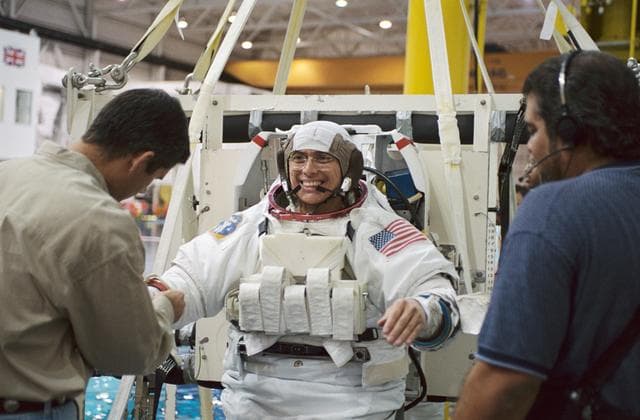 NASA image: ESA Astronaut Philippe Perrin preparing for an NBL dive.