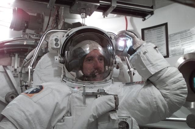 NASA image: STS-104 Crew Training of Jim Reilly in EMU fit check