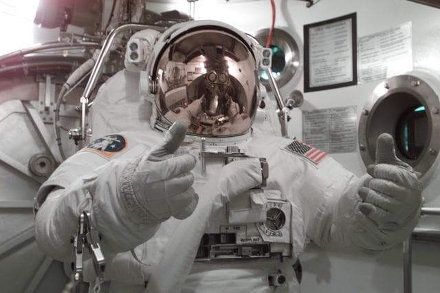NASA image: STS-104 Crew Training of Jim Reilly in EMU fit check