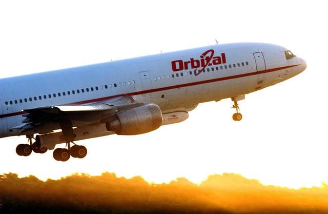 NASA image: KENNEDY SPACE CENTER, FLA. - Orbital Sciences’ L-1011 aircraft takes off from Cape Canaveral Air Force Station carrying the Pegasus XL rocket/Galaxy Evolution Explorer (GALEX) under its belly.  Release of the Pegasus was scheduled for about 8 a.m. over the Atlantic Ocean at an altitude of 39,000 feet at a location approximately 100 nautical miles offshore east-northeast of Cape Canaveral. Spacecraft separation from the Pegasus occurs 11 minutes later. At that time the satellite will be in a circular orbit of 431 statute miles (690 km) at a 29-degree inclination.   The GALEX will carry into space an orbiting telescope that will observe a million galaxies across 10 billion years of cosmic history to help astronomers determine when the stars and elements we see today had their origins. The spacecraft will sweep the skies for 28 months using state-of-the-art ultraviolet detectors to single out galaxies dominated by young, hot, short-lived stars that give off a great deal of energy at that wavelength.  These galaxies are actively creating stars, and therefore provide a window into the history and causes of star formation in galaxies.