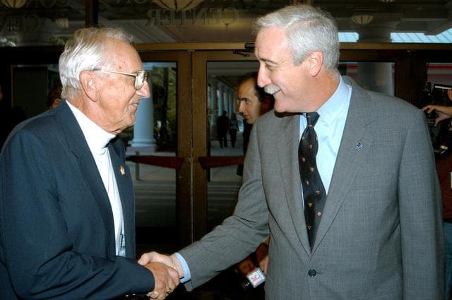 NASA image: KENNEDY SPACE CENTER, FLA. - Gunther Wendt (left), NASA retiree, shakes hands with NASA Administrator Sean O'Keefe during the annual Congressional Dinner hosted by the Florida Space Business Roundtable.  The dinner kicked off the annual Space Congress, held April 28-May 1, 2003, in Cape Canaveral, Fla.  The theme for the event was "Linking the Past to the Future: A Celebration of Space" and commemorated the 40th anniversary of the Kennedy Space Center and the Centennial of Flight.