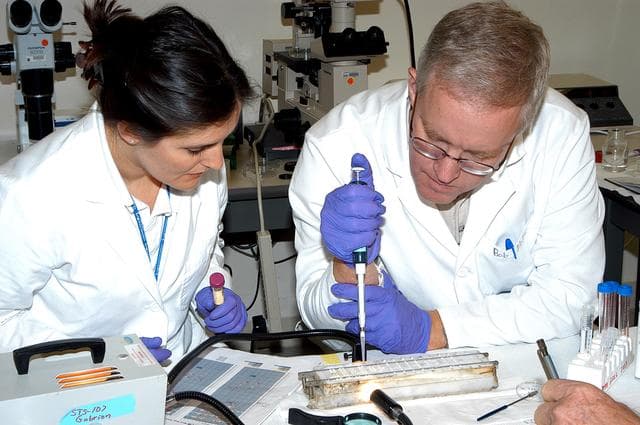 NASA image: KENNEDY SPACE CENTER, FLA. - Valerie Cassanto, with Instrumentation Technology Associates, Inc., and Bob McLean, from the Southwest Texas State University, work on an experiment found during the search for Columbia debris.  Included in the Commercial ITA Biomedical Experiments payload on mission STS-107 are urokinase cancer research, microencapsulation of drugs, the Growth of Bacterial Biofilm on Surfaces during Spaceflight (GOBBSS), and tin crystal formation.
