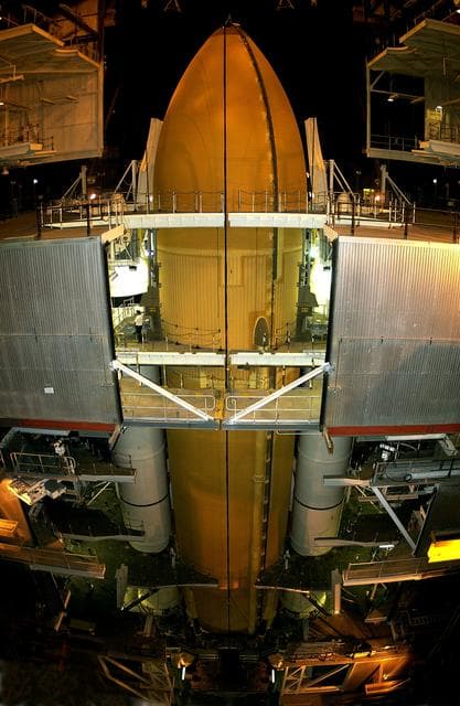 NASA image: KENNEDY SPACE CENTER, FLA. -  The external tank in the Vehicle Assembly Building (VAB) is destacked from the solid rocket boosters.  The tank and SRBs were configured for Atlantis and mission STS-114.  The tank will remain in the VAB.