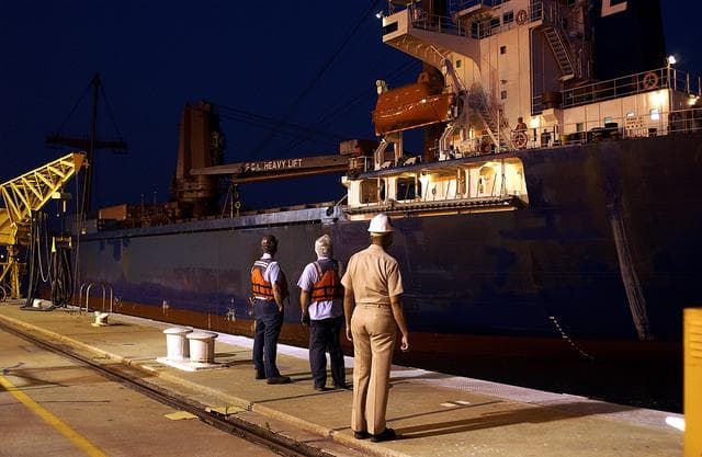 NASA image: KENNEDY SPACE CENTER, FLA. - The container transport ship carrying the JEM Pressurized Module arrives at Port Canaveral, Fla.  The National Space Development Agency of Japan (NASDA) built the laboratory at the Tsukuba Space Center near Tokyo.  The Pressurized Module is the first element of the JEM, Japan’s primary contribution to the space station, to be delivered to KSC. It will enhance the unique research capabilities of the orbiting complex by providing an additional shirt-sleeve environment for astronauts to conduct science experiments. The JEM also includes two logistics modules, an exposed pallet for space environment experiments and a robotic manipulator system that are still under construction in Japan. The various JEM components will be assembled in space over the course of three space shuttle missions.