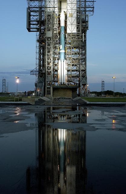 NASA image: KENNEDY SPACE CENTER, FLA. -  The Mobile Service Tower is rolled back at Launch Complex 17A to reveal a Delta II rocket ready to launch the Mars Exploration Rover-A mission.  NASA's twin Mars Exploration Rovers are designed to study the history of water on Mars. These robotic geologists are equipped with a robotic arm, a drilling tool, three spectrometers, and four pairs of cameras that allow them to have a human-like, 3D view of the terrain. Each rover could travel as far as 100 meters in one day to act as Mars scientists' eyes and hands, exploring an environment where humans are not yet able to go. MER-A, with the rover Spirit aboard, is scheduled to launch on June 8 at 2:06 p.m. EDT, with two launch opportunities each day during a launch period that closes on June 24.
