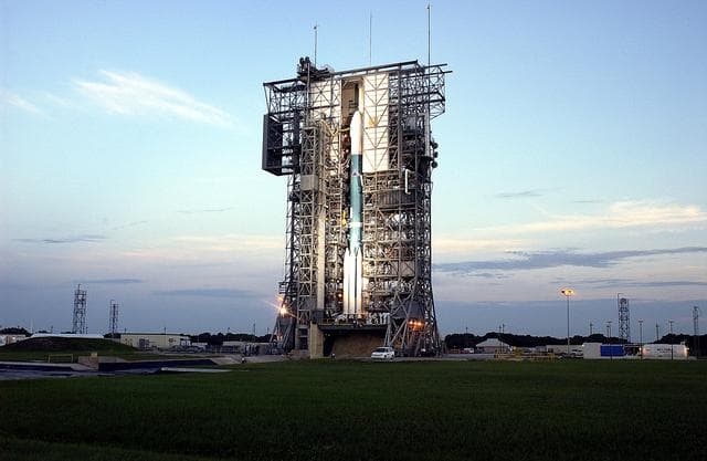 NASA image: KENNEDY SPACE CENTER, FLA. -  The Mobile Service Tower is rolled back at Launch Complex 17A to reveal a Delta II rocket ready to launch the Mars Exploration Rover-A mission.  NASA's twin Mars Exploration Rovers are designed to study the history of water on Mars. These robotic geologists are equipped with a robotic arm, a drilling tool, three spectrometers, and four pairs of cameras that allow them to have a human-like, 3D view of the terrain. Each rover could travel as far as 100 meters in one day to act as Mars scientists' eyes and hands, exploring an environment where humans are not yet able to go. MER-A, with the rover Spirit aboard, is scheduled to launch on June 8 at 2:06 p.m. EDT, with two launch opportunities each day during a launch period that closes on June 24.