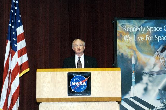 NASA image: KENNEDY SPACE CENTER, FLA. -  KSC Director Roy D. Bridges addresses a group of KSC employees assembled in the KSC Training Auditorium. The occasion is the announcement of James W. Kennedy as the next director of the NASA Kennedy Space Center (KSC) in Florida. Kennedy has served as KSC's deputy director since November 2002. He will succeed Bridges, who was appointed on June 13 to lead NASA's Langley Research Center, Hampton, Va.