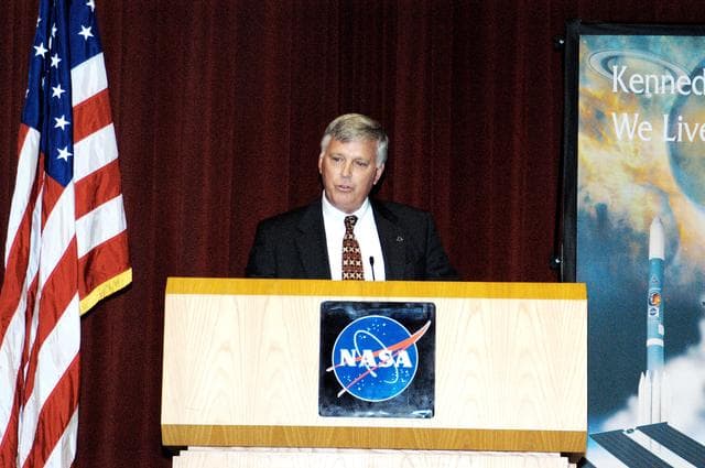 NASA image: KENNEDY SPACE CENTER, FLA. -  KSC Deputy Director James W. Kennedy addresses a group of KSC employees assembled in the KSC Training Auditorium. The occasion is the announcement of Kennedy as the next director of the NASA Kennedy Space Center (KSC) in Florida. He has served as KSC's deputy director since November 2002. He will succeed KSC Director Roy D. Bridges, who was appointed on June 13 to lead NASA's Langley Research Center, Hampton, Va.