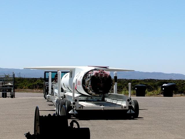 NASA image: KENNEDY SPACE CENTER, FLA. - The Pegasus launch vehicle is moved back to its hangar at Vandenberg Air Force Base, Calif.  The Pegasus will carry the SciSat-1 spacecraft in a 400-mile-high polar orbit to investigate processes that control the distribution of ozone in the upper atmosphere.  The scientific mission of SciSat-1 is to measure and understand the chemical processes that control the distribution of ozone in the Earth’s atmosphere, particularly at high altitudes.  The data from the satellite will provide Canadian and international scientists with improved measurements relating to global ozone processes and help policymakers assess existing environmental policy and develop protective measures for improving the health of our atmosphere, preventing further ozone depletion.  The mission is designed to last two years.