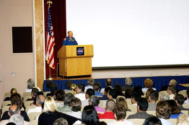 NASA image: KENNEDY SPACE CENTER, FLA. -  Expedition 6 Commander Ken Bowersox speaks to KSC employees about his mission and residence on the International Space Station from November 25, 2002, to May 3, 2003.