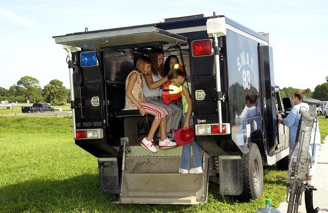 NASA image: KENNEDY SPACE CENTER, FLA.  -    Children enjoy a hands-on display of security equipment during Take Our Children to Work Day.  Employees were invited to share their work experience with their children on this annual event.