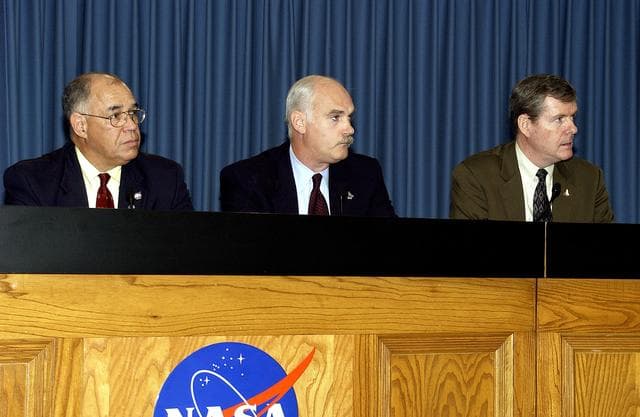 NASA image: KENNEDY SPACE CENTER, FLA.  -  NASA officials brief the media at KSC about the agency’s human space flight program.  On the panel (left to right) are NASA Deputy Administrator Fred Gregory, Associate Administrator for Space Flight Bill Readdy and Associate Administrator for Safety and Mission Assurance Bryan O’Connor.