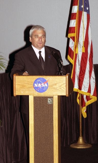 NASA image: KENNEDY SPACE CENTER, FLA.  -  Dryden Flight Research Center Director Kevin Peterson talks about One NASA during the rollout of the Agency initiative at KSC.  The event was held at the IMAX Theater® where NASA leaders discussed One NASA with selected employees.  Explaining how their respective centers contribute to One NASA, along with Peterson, were KSC Director Jim Kennedy, James Jennings,  NASA’s associate deputy administrator for institutions and asset management; Ed Weiler, associate administrator for Space Science; Kevin Peterson, Dryden Flight Research Center director; incoming KSC Deputy Director Woodrow Whitlow; and implementation team lead Johnny Stevenson.   Glenn Research Center Director Dr. Julian Earls gave a motivational speech during the luncheon held at the Visitor Complex Debus Conference Center.