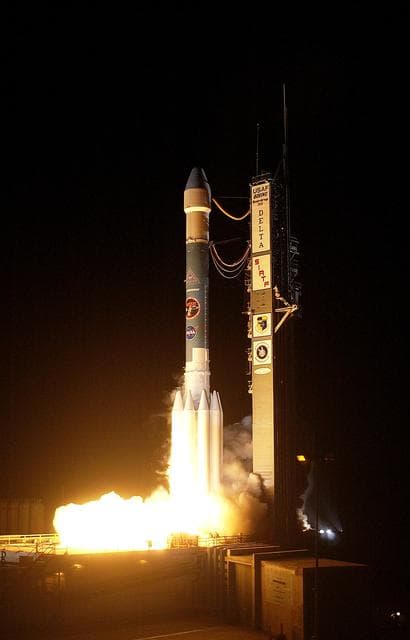 NASA image: KENNEDY SPACE CENTER, FLA.  -  NASA's Space Infrared Telescope Facility (SIRTF) lifts off from Launch Pad 17-B, Cape Canaveral Air Force Station, on Aug. 25 at 1:35:39 a.m. EDT. SIRTF will obtain images and spectra by detecting the infrared energy, or heat, radiated by objects in space. Consisting of a 0.85-meter telescope and three cryogenically cooled science instruments, SIRTF will be the largest infrared telescope ever launched into space. It is the fourth and final element in NASA’s family of orbiting “Great Observatories.” Its highly sensitive instruments will give a unique view of the Universe and peer into regions of space that are hidden from optical telescopes.
