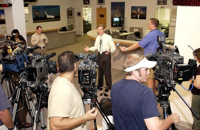 NASA image: KENNEDY SPACE CENTER, FLA. - Sen. Bill Nelson talks to the media at the NASA KSC News Center about the Columbia Accident Investigation Board report released today.