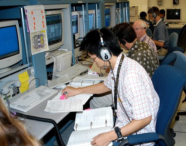 NASA image: KENNEDY SPACE CENTER, FLA. -  In the Space Station Processing Facility, personnel observe sensors during a Multi-Equipment Interface Test (MEIT) on the Japanese Experiment Module (JEM).  The National Space Development Agency of Japan (NASDA) developed the laboratory at the Tsukuba Space Center near Tokyo. It is the first element, named "Kibo" (Hope), to be delivered to KSC. The JEM is Japan's primary contribution to the Station. It will enhance the unique research capabilities of the orbiting complex by providing an additional environment for astronauts to conduct science experiments.