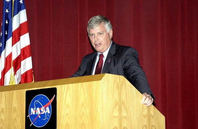 KENNEDY SPACE CENTER, FLA. -  Center Director Jim Kennedy talks to employees during his first all-hands meeting.  Making presentations were Dr. Woodrow Whitlow Jr., KSC deputy director,; Tim Wilson, assistant chief engineer for Shuttle; and Bill Pickavance, vice president and deputy program manager, Florida operations, United Space Alliance.  Representatives from the Shuttle program and contractor team were on hand to discuss the Columbia Accident Investigation Board report and where KSC stands in its progress toward return to flight.