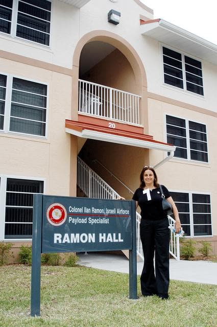 NASA image: KENNEDY SPACE CENTER, FLA. -- Rona Ramon, wife of STS-107 Payload Specialist Ilan Ramon, visits a new residence hall at the Florida Institute of Technology (FIT) in Melbourne, Fla., named for her late husband.  Family members of the STS-107 astronauts, other dignitaries, members of the university community and the public gathered for a dedication ceremony for the Columbia Village at FIT.  Each of the seven new residence halls in the complex is named for one of the STS-107 astronauts who perished during the Columbia accident -- Rick Husband, Willie McCool, Laurel Clark, Michael Anderson, David Brown, Kalpana Chawla, and Ilan Ramon.