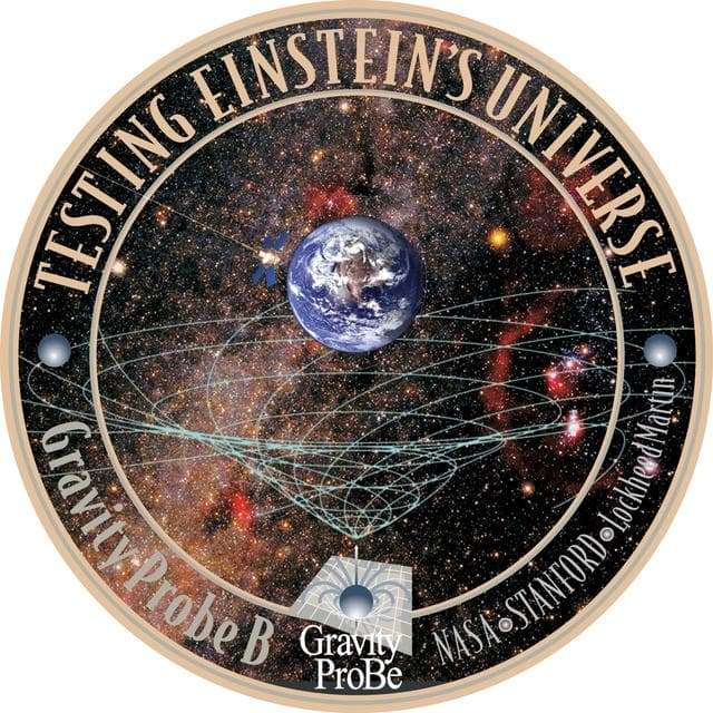 NASA image: KENNEDY SPACE CENTER, FLA.  - This seal illustrates the mission of the Gravity Probe B spacecraft and the organizations who developed the experiment: Stanford University, NASA’s Marshall Space Flight Center and Lockheed Martin.  The Gravity Probe B mission will test the theory of curved spacetime and "frame-dragging," depicted graphically in the lower half, that was developed by Einstein and other scientists.   Above the graphic is a drawing of GP-B circling the Earth.