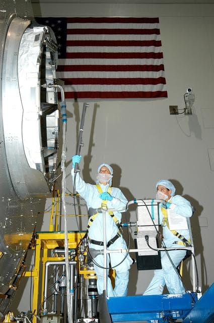NASA image: KENNEDY SPACE CENTER, FLA. -  In the Space Station Processing Facility, technicians begin pre-assembly measurements on the Japanese Experiment Module (JEM).  Developed by the Japan Aerospace Exploration Agency (JAXA), the JEM will enhance the unique research capabilities of the orbiting complex by providing an additional environment for astronauts to conduct science experiments.
