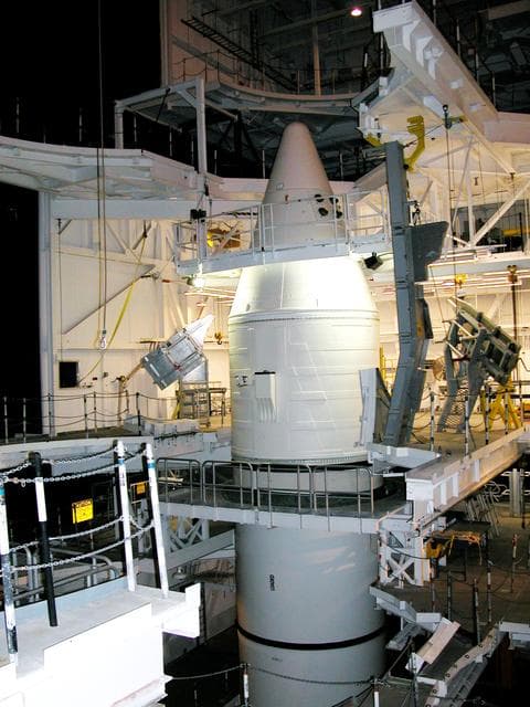 NASA image: KENNEDY SPACE CENTER, FLA. -  In the Vehicle Assembly Building, the forward assembly of this solid rocket booster (SRB) is ready for destacking, part of time and cycle activities. The SRB was part of the stack on Atlantis originally scheduled for a March 1, 2003, launch on mission STS-114.  The SRBs and external tank were demated in February 2003.  STS-114 is now scheduled to occur no earlier than Sept. 12, 2004, on Atlantis.