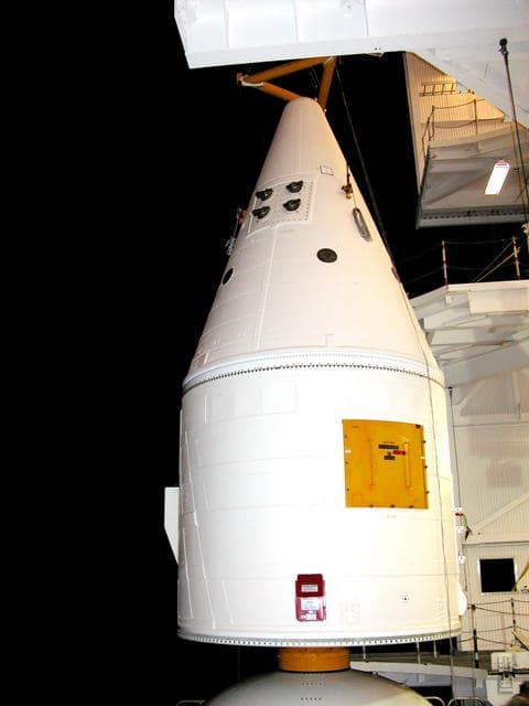 NASA image: KENNEDY SPACE CENTER, FLA. -  In the Vehicle Assembly Building, the forward assembly (nose cap and frustum) is lifted away from the solid rocket booster (SRBThe destacking is part of time and cycle activities.  The SRB was part of the stack on Atlantis originally scheduled for a March 1, 2003, launch on mission STS-114.  The SRBs and external tank were demated in February 2003.   The mission is now scheduled to occur no earlier than Sept. 12, 2004, on Atlantis.
