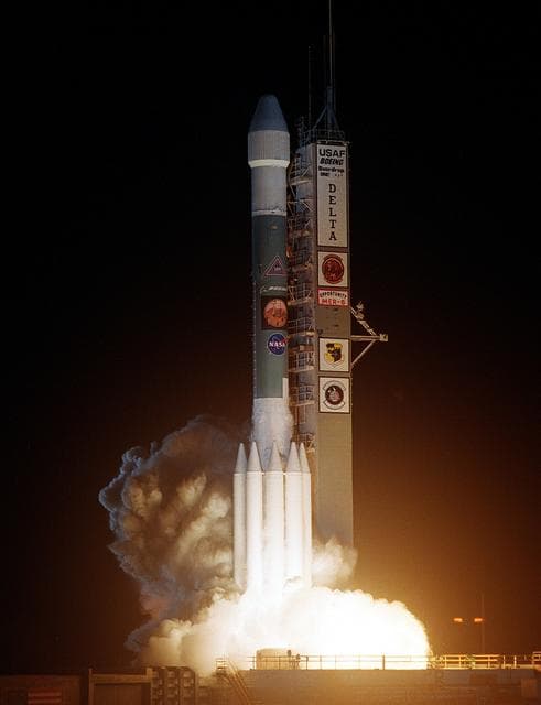 NASA image: KENNEDY SPACE CENTER, FLA. - NASA launches its second Mars Exploration Rover, Opportunity, aboard a Delta II launch vehicle.  The bright glare briefly illuminated Florida Space Coast beaches.  Opportunity’s dash to Mars began with liftoff at 11:18:15 p.m. Eastern Daylight Time from Cape Canaveral Air Force Station, Fla.   The spacecraft separated successfully from the Delta's third stage 83 minutes later, after it had been boosted out of Earth orbit and onto a course toward Mars.