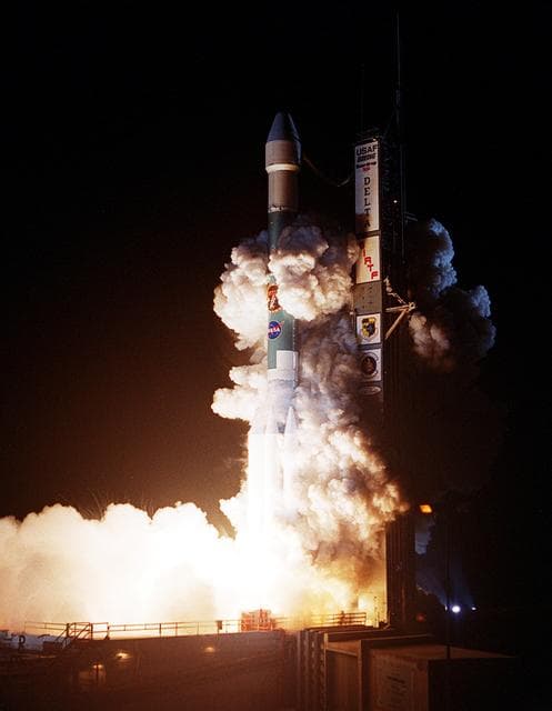 NASA image: KENNEDY SPACE CENTER, FLA.  -  NASA's Space Infrared Telescope Facility (SIRTF) lifts off from Launch Pad 17-B, Cape Canaveral Air Force Station, on Aug. 25 at 1:35:39 a.m. EDT. SIRTF will obtain images and spectra by detecting the infrared energy, or heat, radiated by objects in space. Consisting of a 0.85-meter telescope and three cryogenically cooled science instruments, SIRTF will be the largest infrared telescope ever launched into space. It is the fourth and final element in NASA’s family of orbiting “Great Observatories.” Its highly sensitive instruments will give a unique view of the Universe and peer into regions of space that are hidden from optical telescopes.