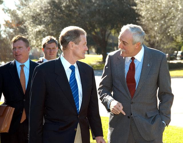 NASA image: KENNEDY SPACE CENTER, FLA. - U.S. Senator Bill Nelson (center) and NASA Administrator Sean O’Keefe are deep in conversation as they leave the Central Florida Research Park, near Orlando.  Behind Nelson at left is Congressman Tom Feeney.  The research park is being proposed as the location for NASA’s new Shared Services Center. Six sites around the U.S. are under consideration for location of the Center, which would centralize NASA’s payroll, accounting, human resources, facilities and procurement offices that are now handled at each field center.  The consolidation is part of the One NASA focus.  Others attending the presentation included U.S. Representative Ric Keller, Congressman Dave Weldon, Center Director Jim Kennedy and Pamella J. Dana, Ph.D., director, Office of Tourism, Trade, and Economic Development in Florida.